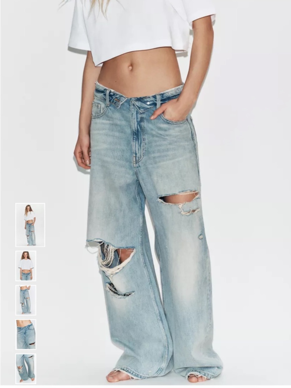 Zara Light Blue Distressed Wide-Leg Jeans - Women